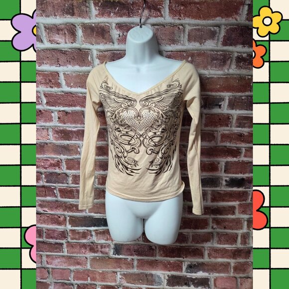 Cider Top XS | Tan Rhinestone V Neck Long Sleeve Y2K Coquette Sparkle Chic - Picture 1 of 7